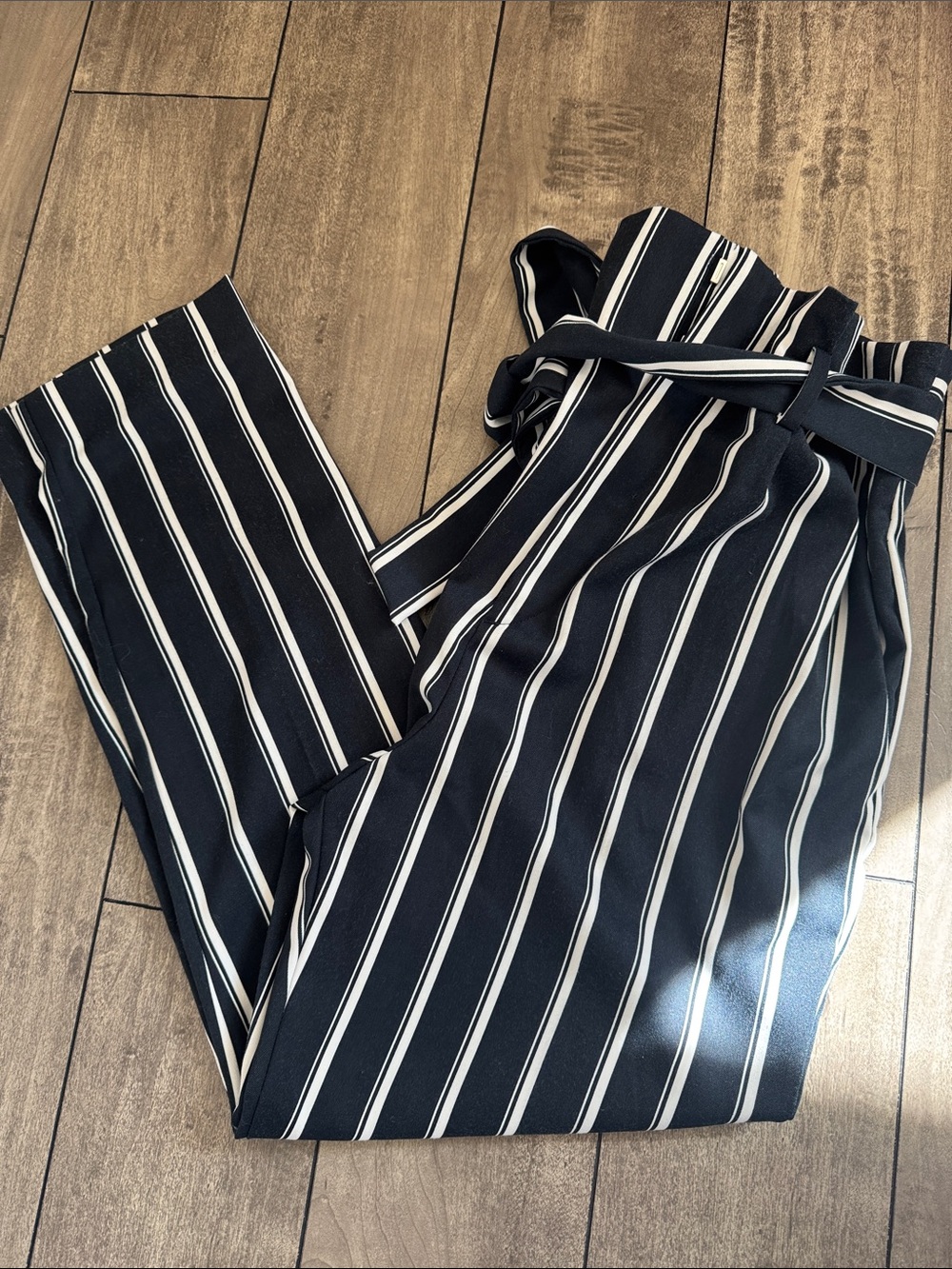 H&M Navy and White Vertical-Stripe High-Waist Trousers with Tie Belt